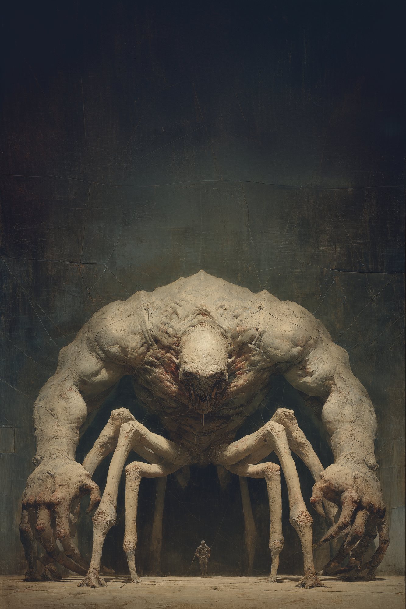 A colossal spider-like humanoid entity towers over a lone human figure, establishing overwhelming scale and territorial dominance within the Deep Canopy.