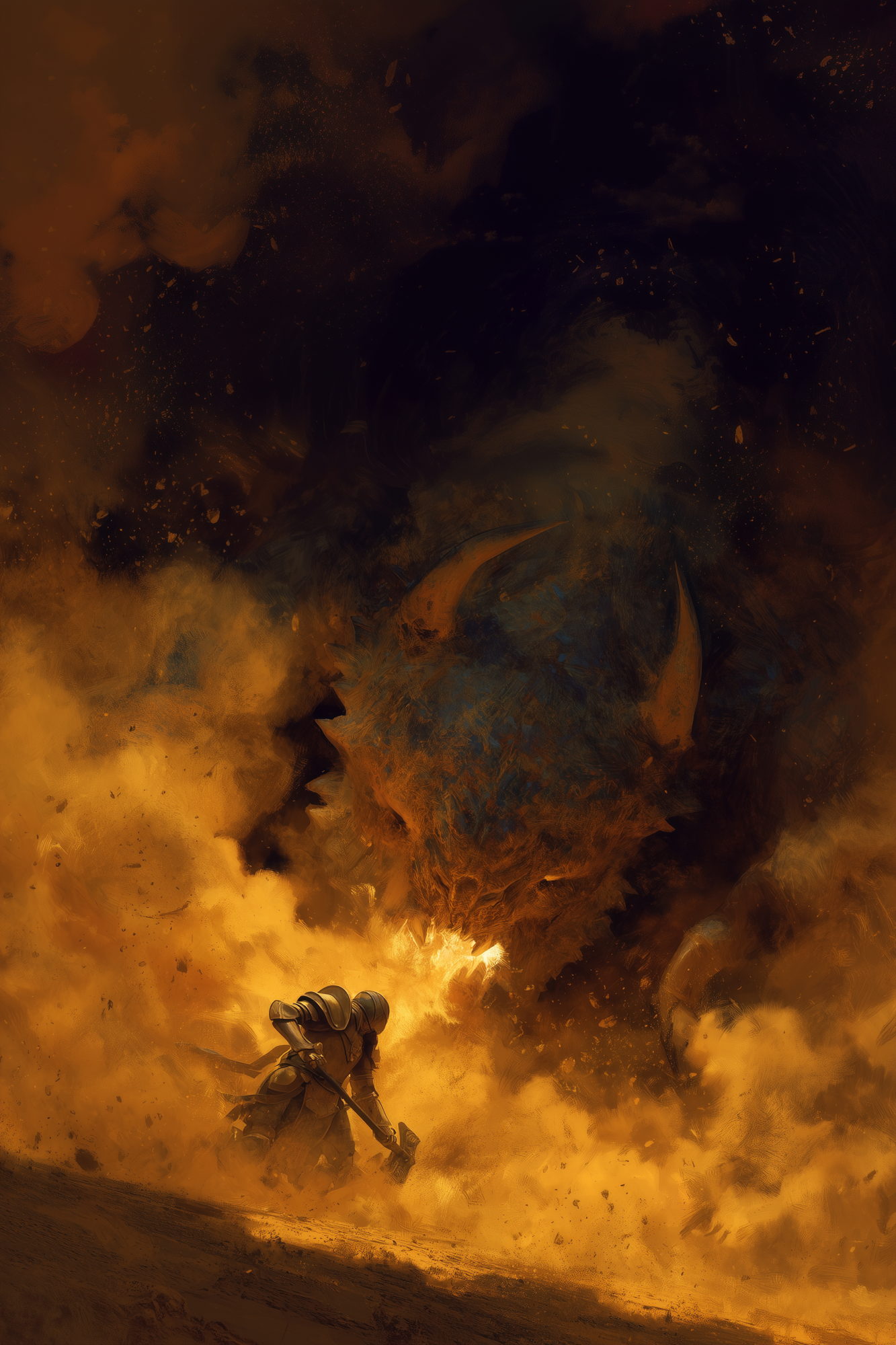 Armored paladin confronting a massive horned beast in a storm of dust and golden light, solar heat and sand swirling around them.