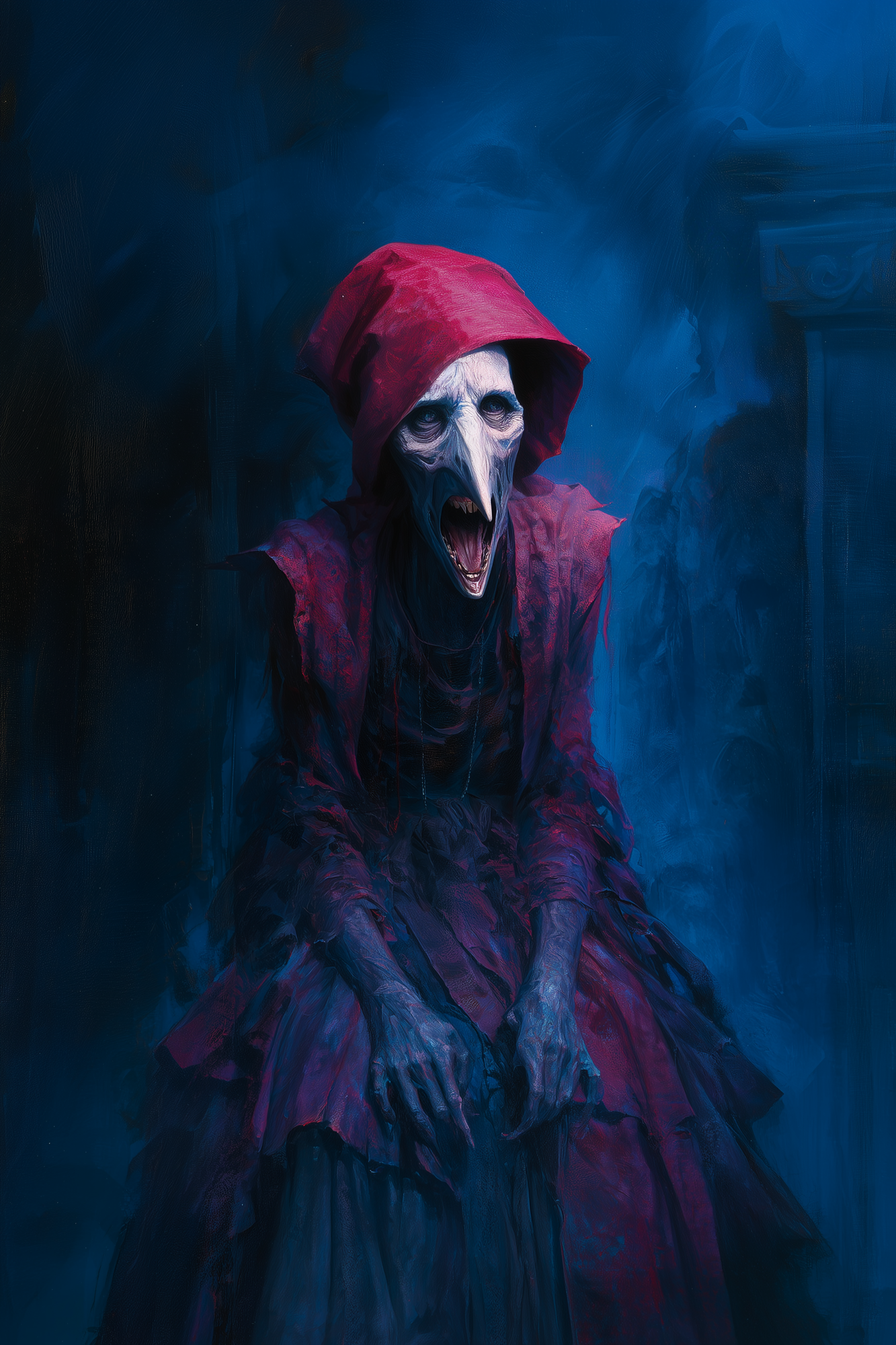 The Mother of Lingering Fear seated in stillness, her presence stabilizing anxiety, depression, madness, and fear in the Forgotten Wilds of Auremn