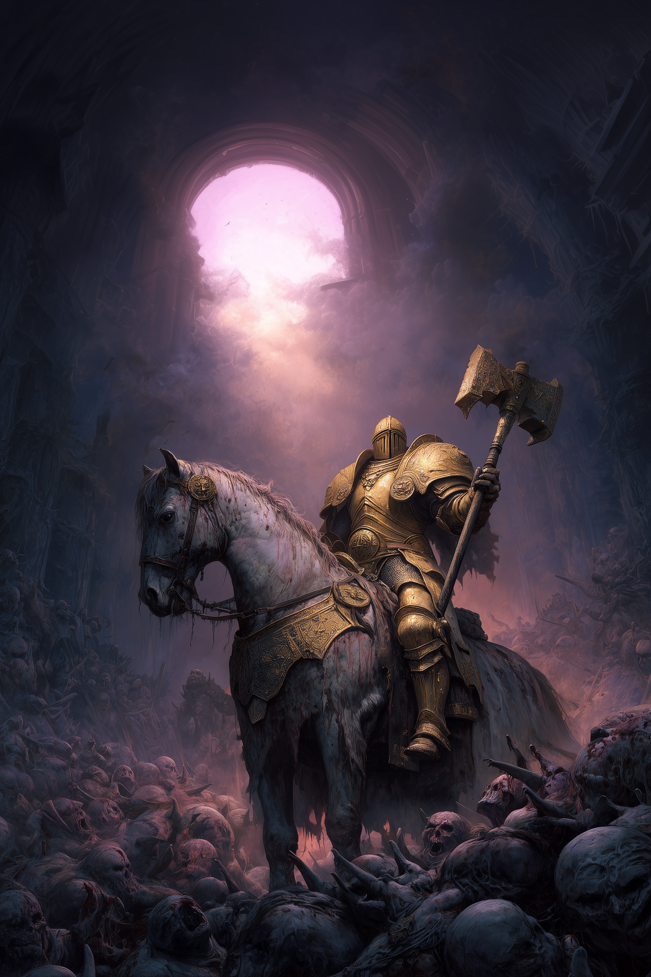 Armored paladin of the Order of the Radiant Grief mounted on a pale horse beneath a stone arch as daylight pours down, surrounded by bones and collapse.