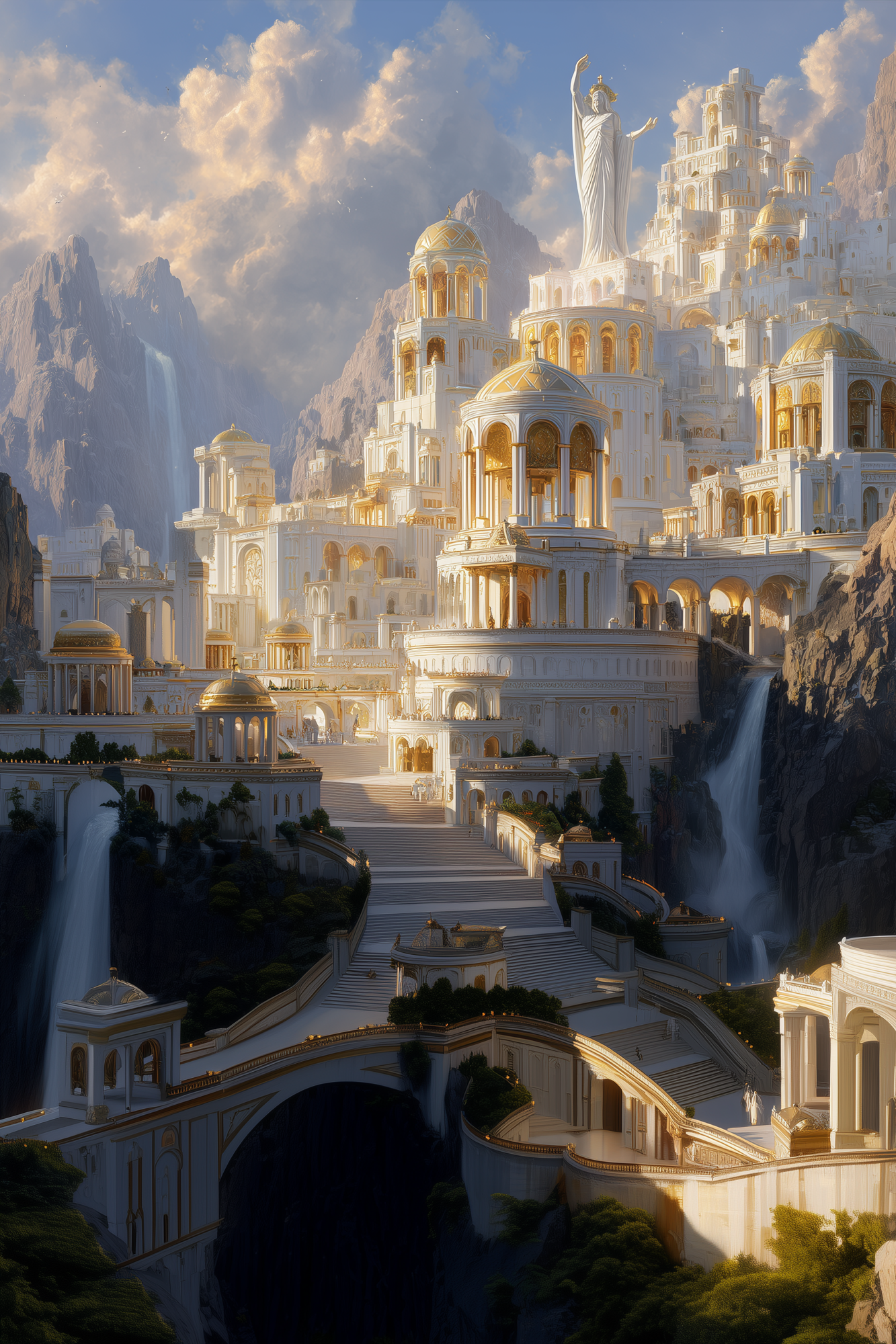 White and gold mountain citadel with domes, terraces, waterfalls, and a towering statue under clear sunlight, a Solkar aligned architecture.