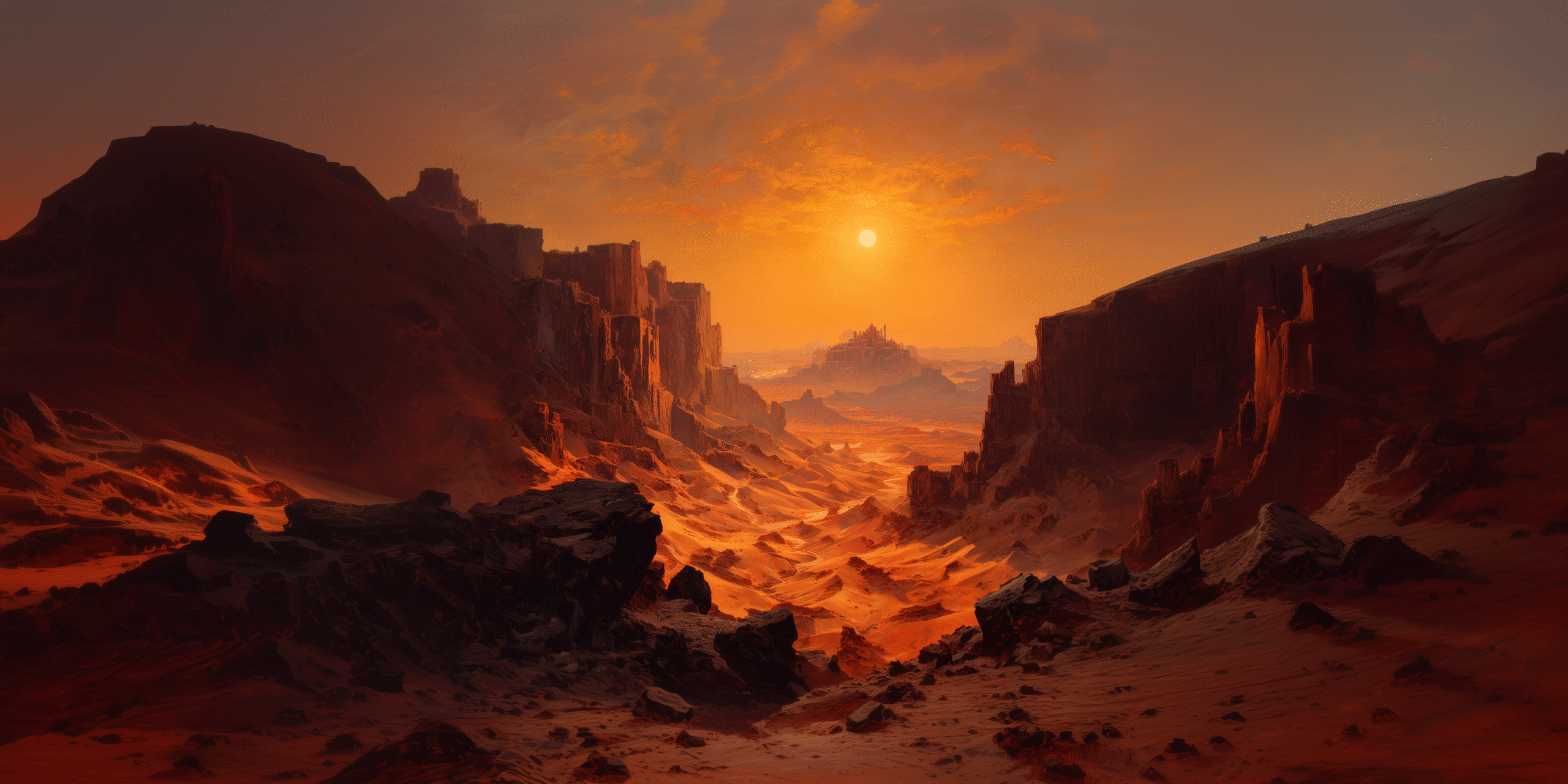 Fantasy desert landscape with sand dunes, harsh sunlight and distant rocky ridges in the Burning Expanse realm.