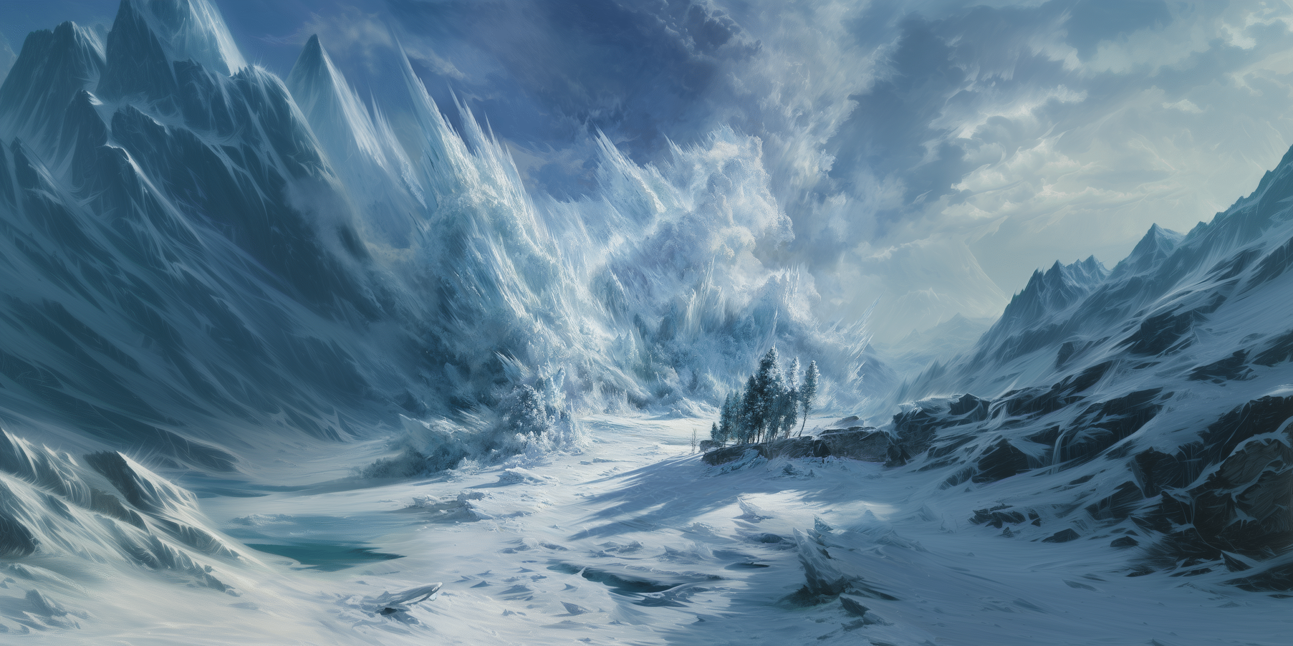Bleak high altitude fantasy scene with pale frost currents, white veined air and shifting cold in the Cold Veins presence.