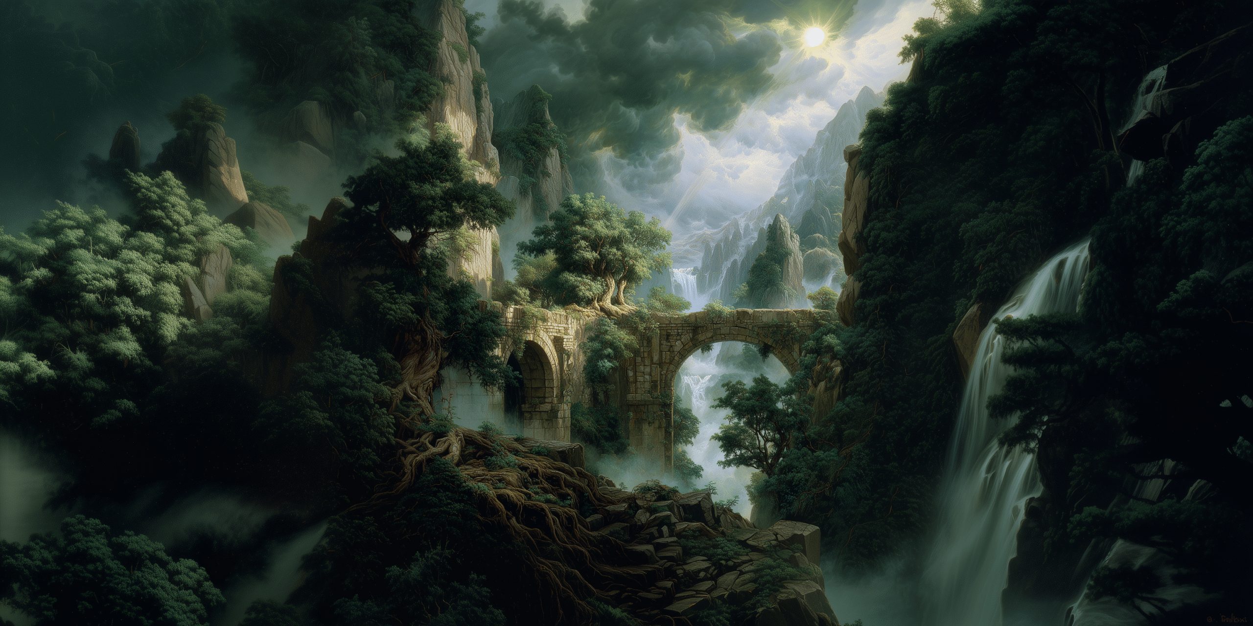 Dark fantasy jungle path surrounded by shifting vines, thick canopy and bioluminescent fog in the Forgotten Wilds.