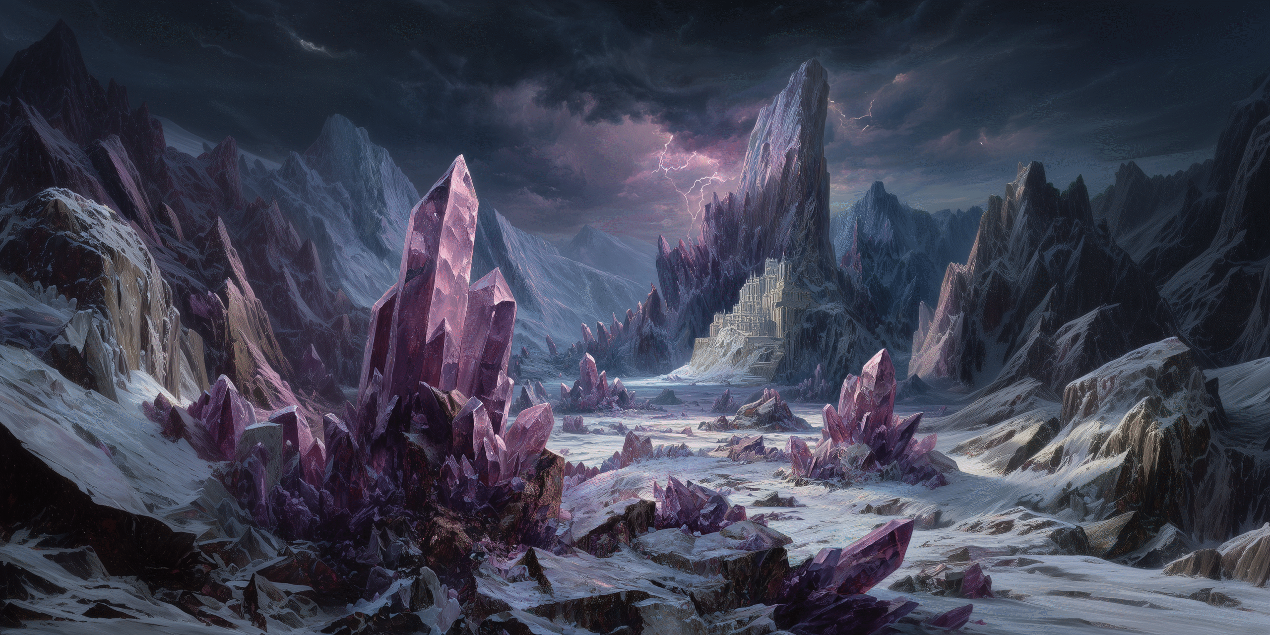 The Hollow Peaks, jagged heights and cold light across crystal ridges and snow.