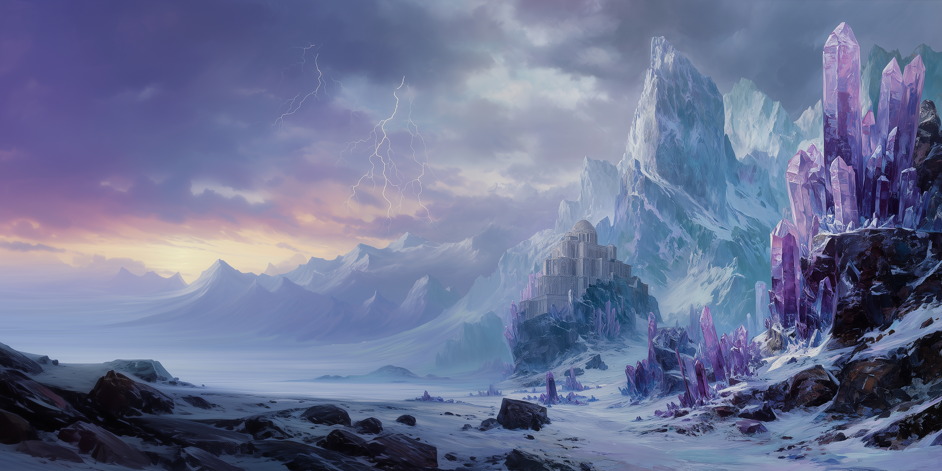 Fantasy mountain passage with glowing crystal clusters, razor cold winds and pale high altitude light in the Hollow Peaks realm.