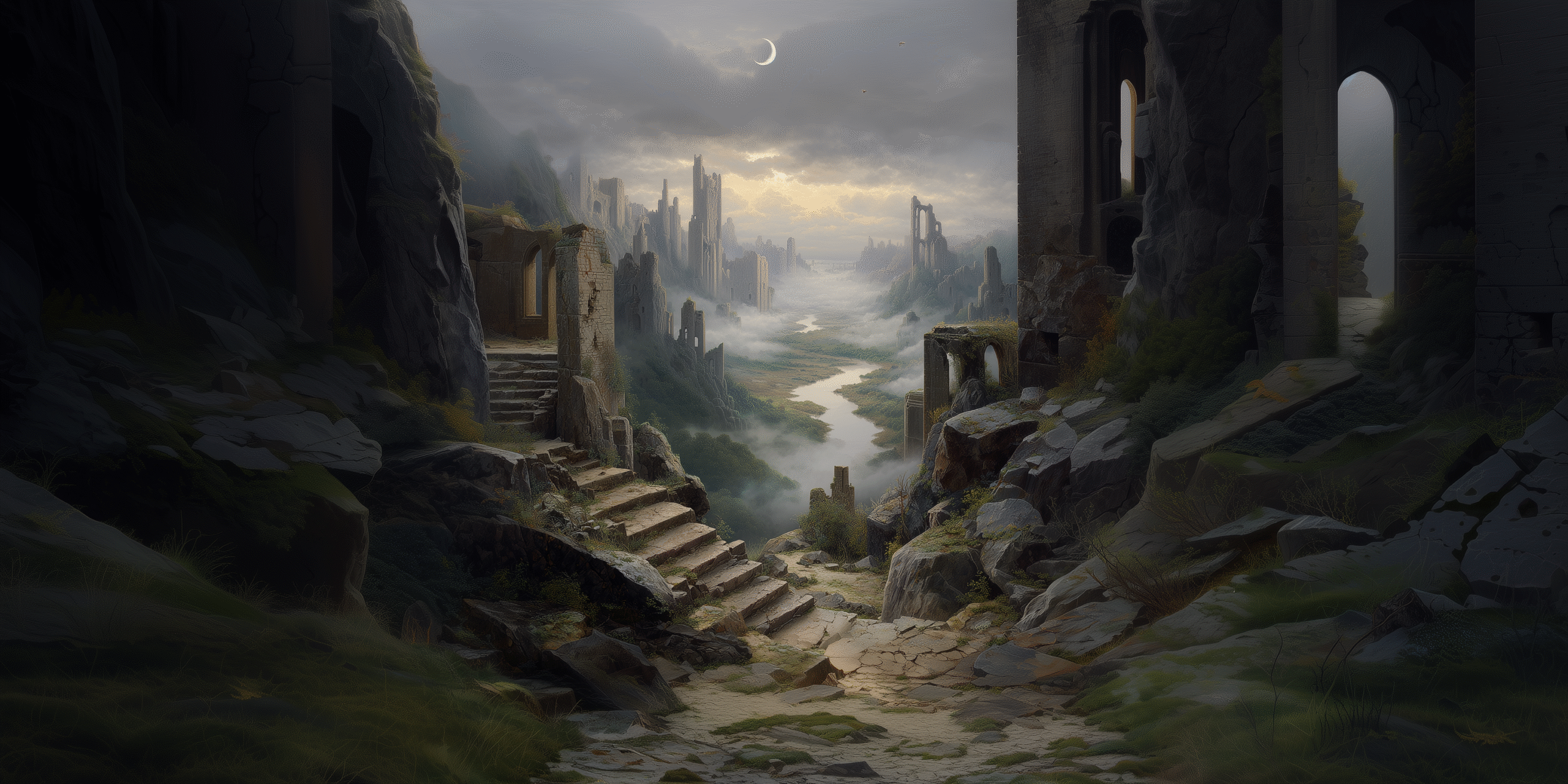 Dark fantasy forest with tangled roots and heavy fog, a lone figure overlooking the Mortal Veil landscape.