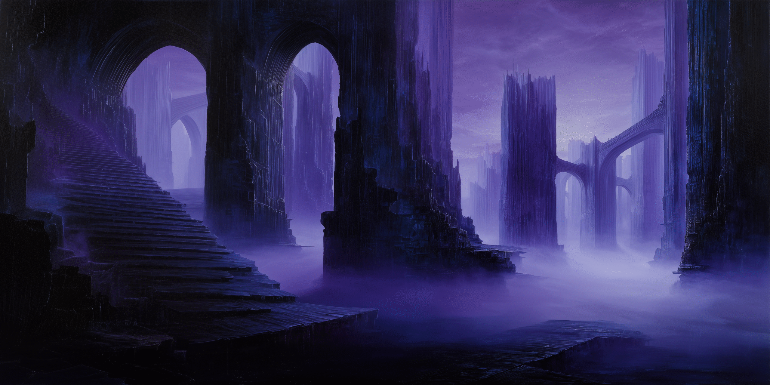 Dark mist filled dream landscape with shifting shadows and silent structures in the Silent Deep realm.