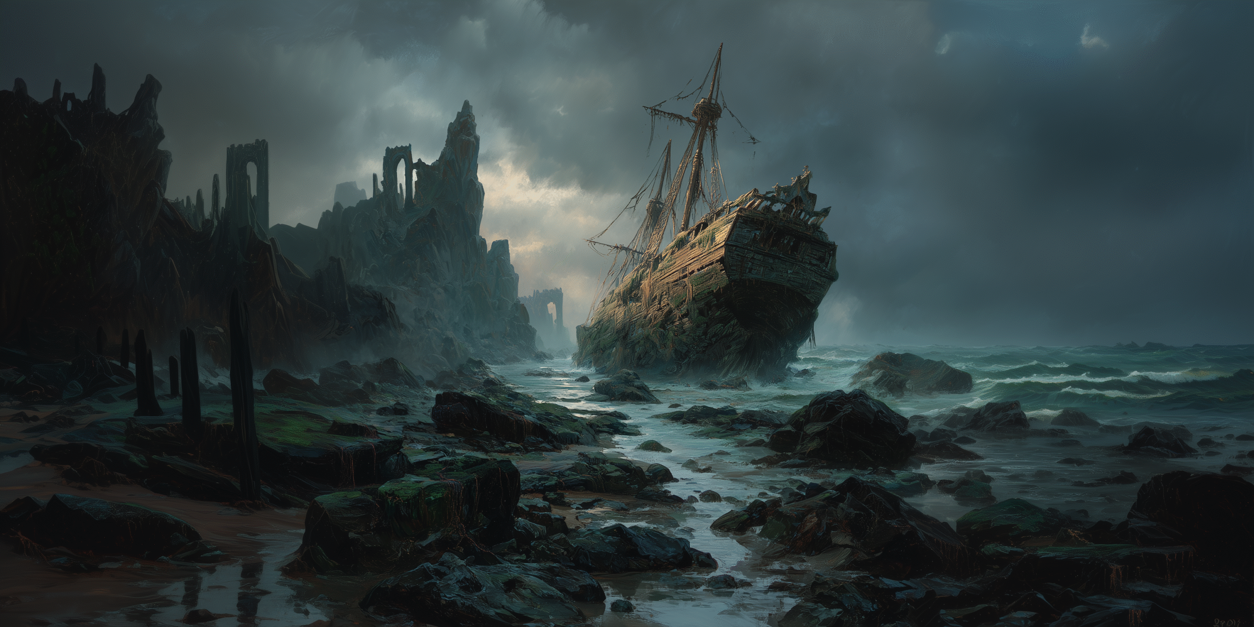 Fantasy shoreline landscape with eroded stone formations, low mist and unstable light in the Tidewoven Realm.