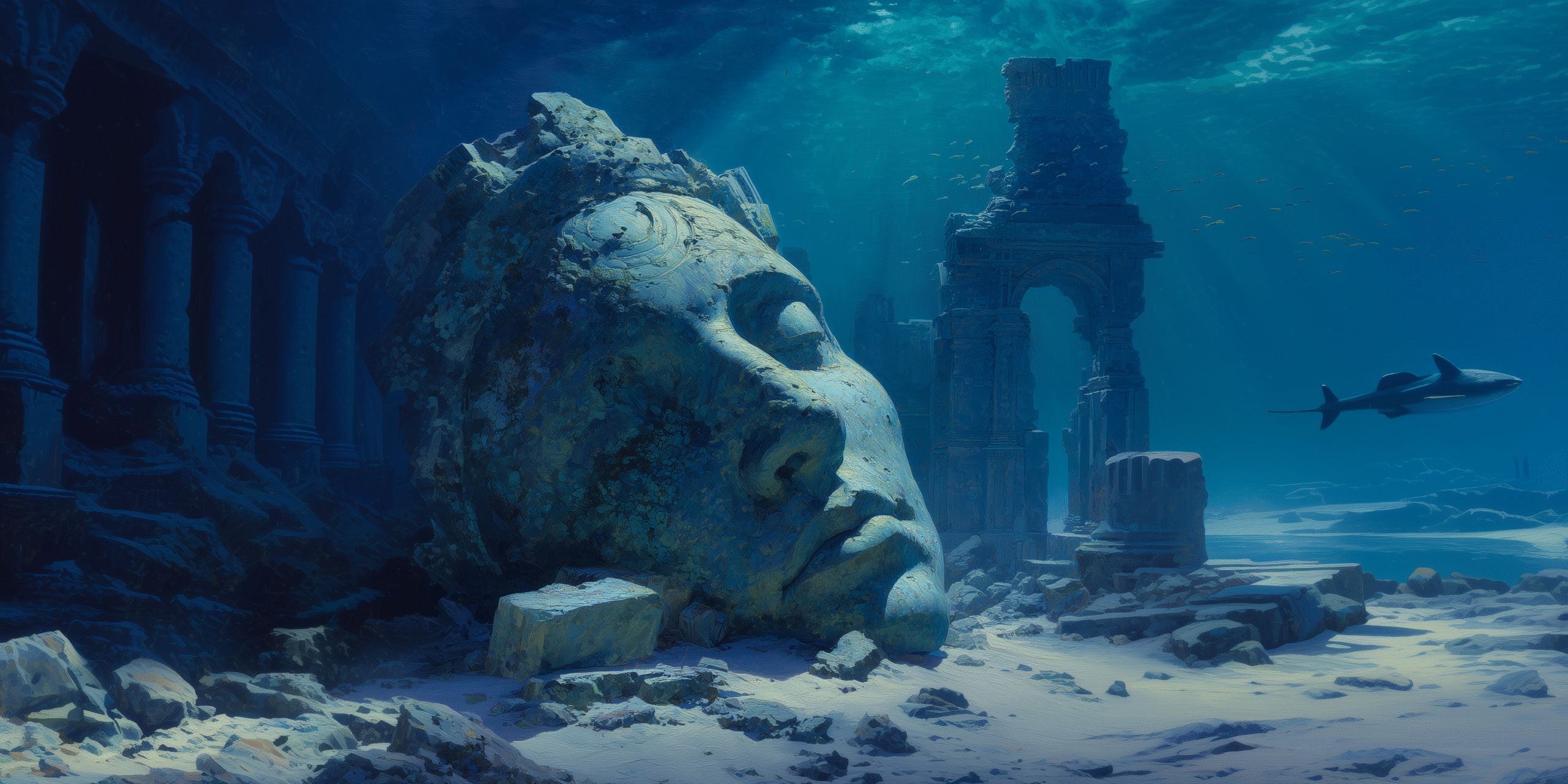 The Tidewoven Realm, storm pulled coasts and reef shadows under heavy skies.