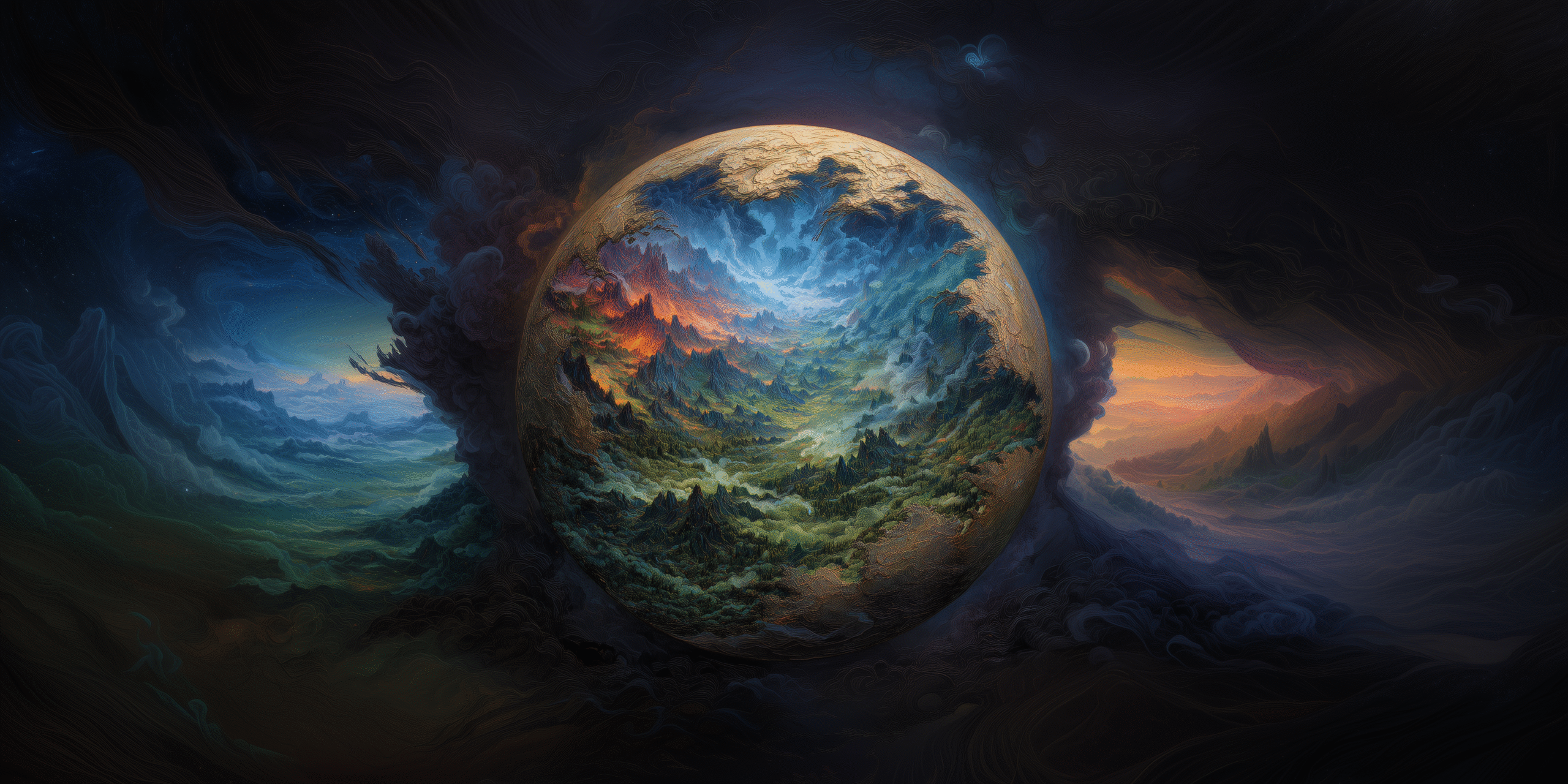 Epic fantasy view of Auremn as a living world, shaped by seven realms and shifting boundaries.