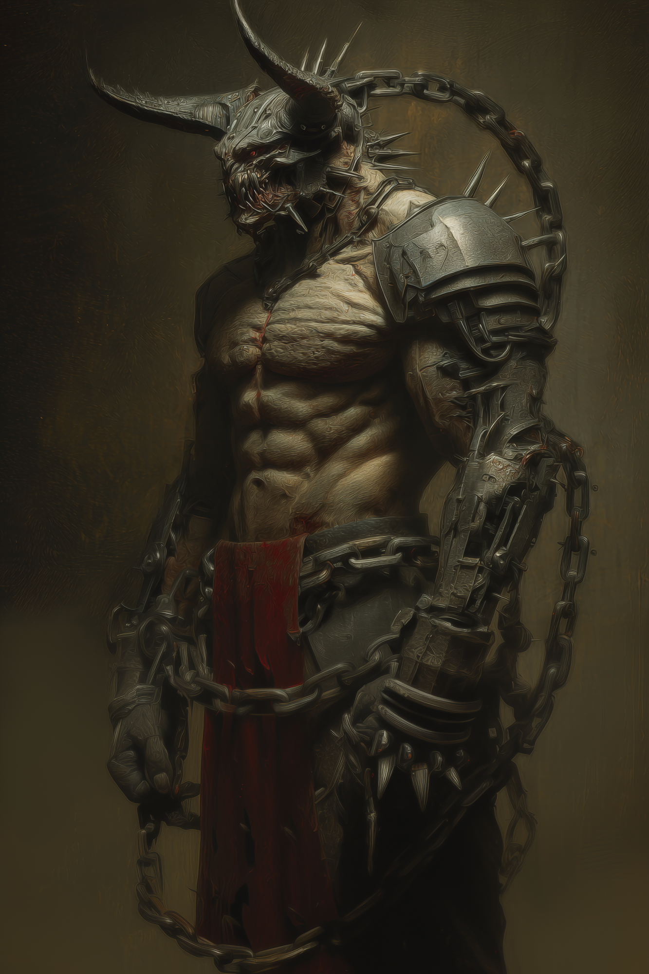 Horned warform, a brutal demon shaped by surgical alteration and embedded iron.