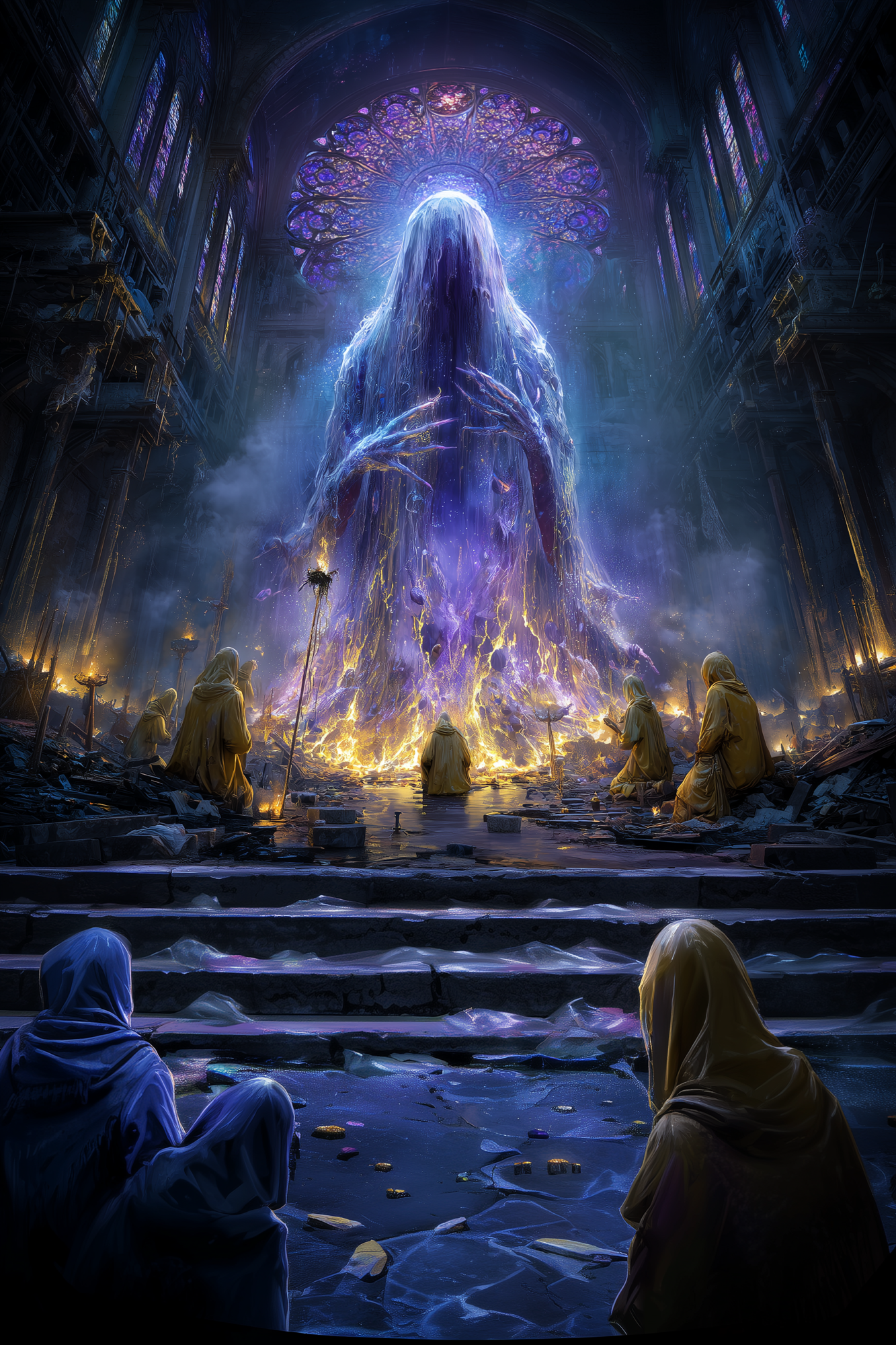 A colossal translucent figure of living light rising in a ruined cathedral as robed Fume Born kneel in reverence amid glowing alchemical fire.