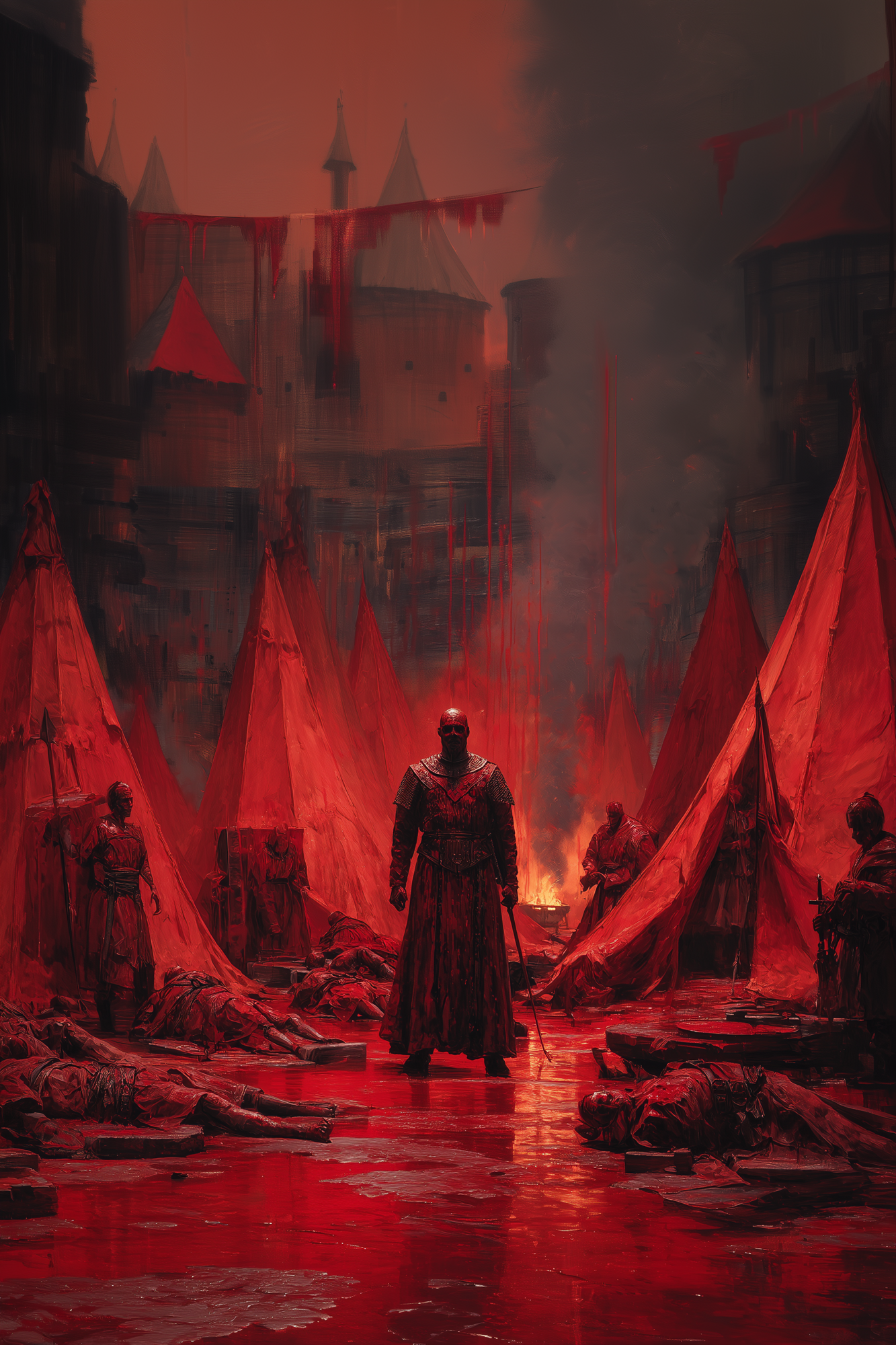 Corven the Blood Saint standing in a war camp drowned in red banners and smoke.