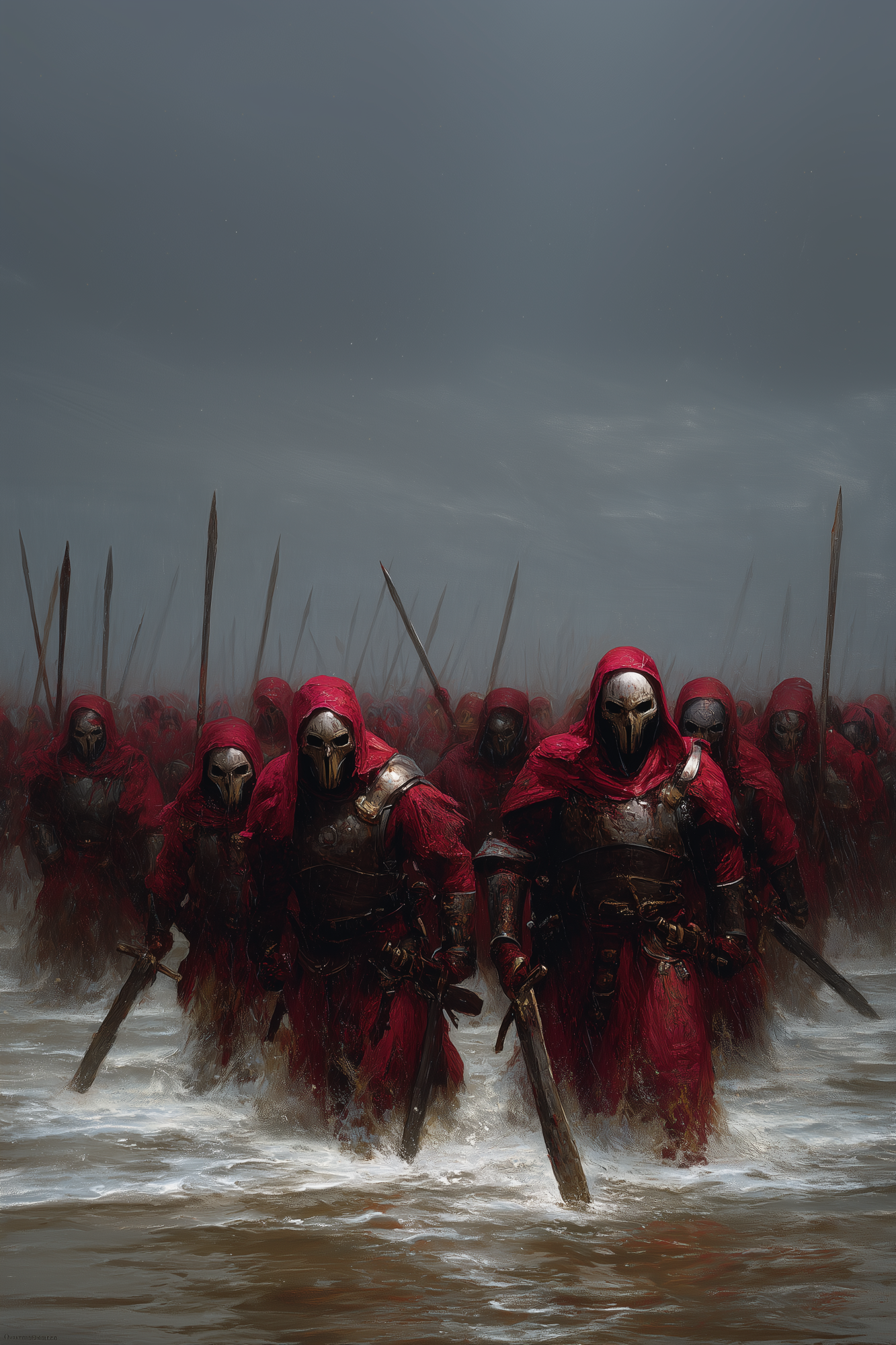 An army in red hooded armor marching through churning seawater, blades drawn and faces masked.