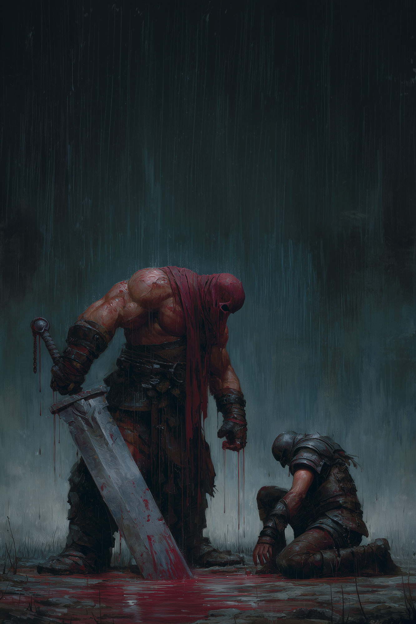 A massive executioner dripping blood from his blade, towering over a kneeling soldier in pooled blood beneath rain.