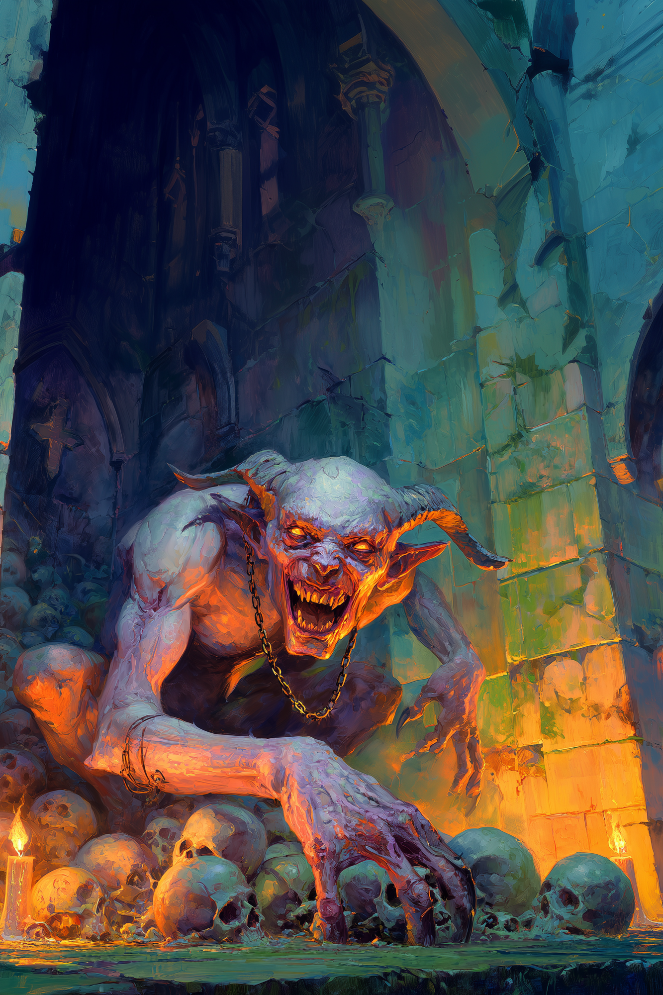 A horned, pale creature emerging from a cold ruined hall, a mental manifestation born from the fractured mind of The Father in Chains.