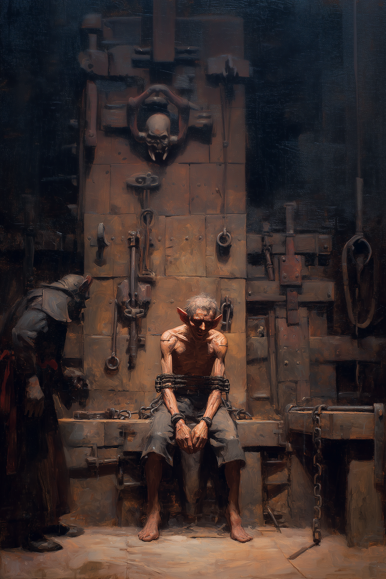 A restrained subject suspended by chains in a cold, clinical chamber of stone and iron.