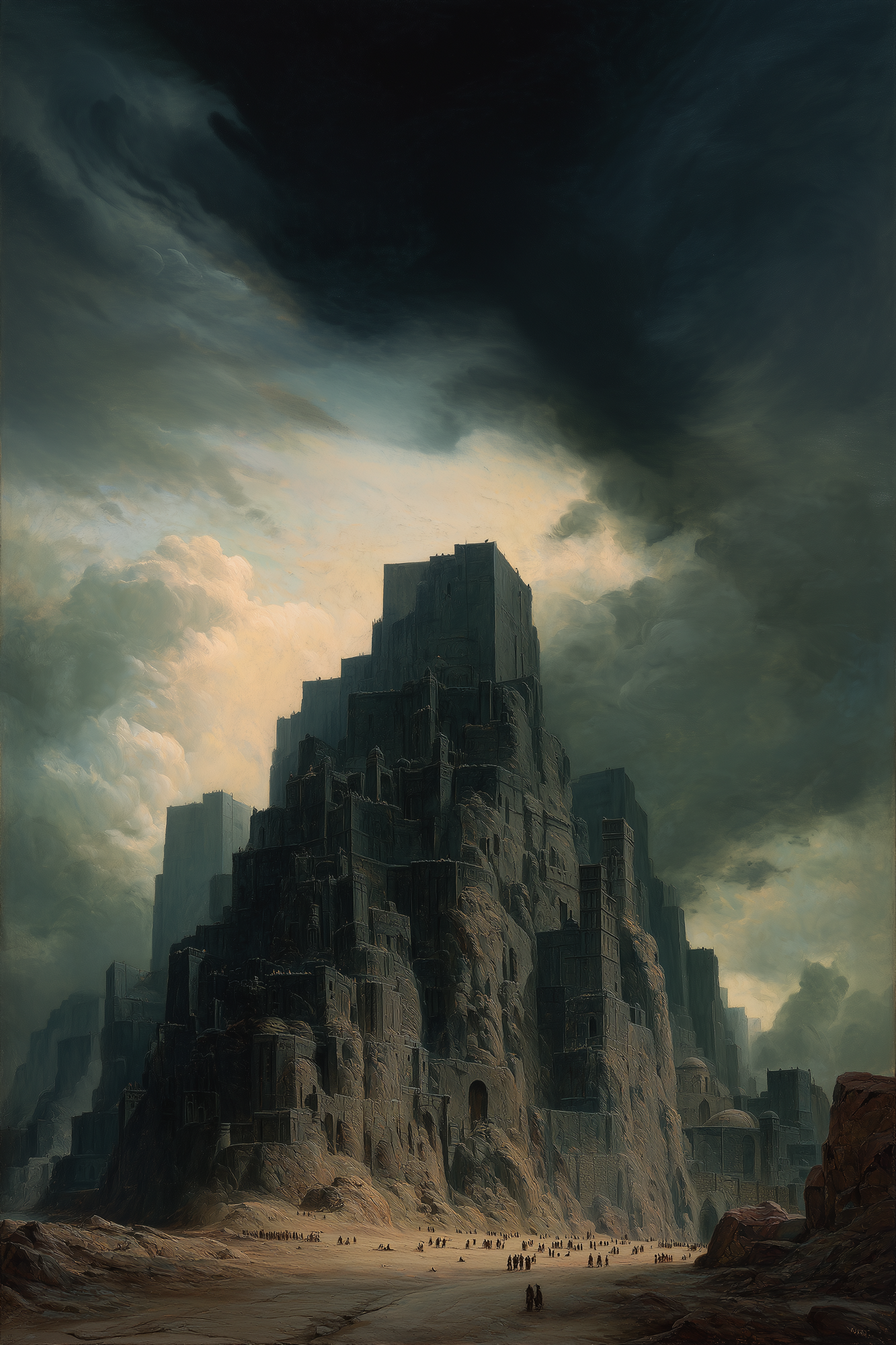 The Black Fortress rising like a brutal citadel of stone under storm clouds.