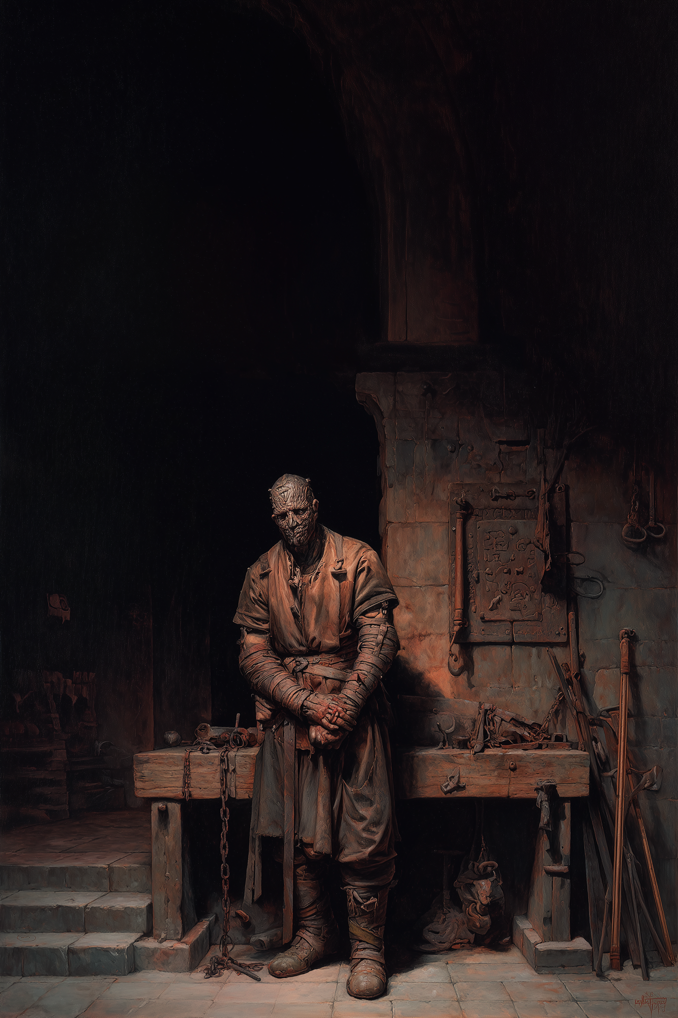 The Flesh Sculptor in a dark workshop, framed by stone and tools.
