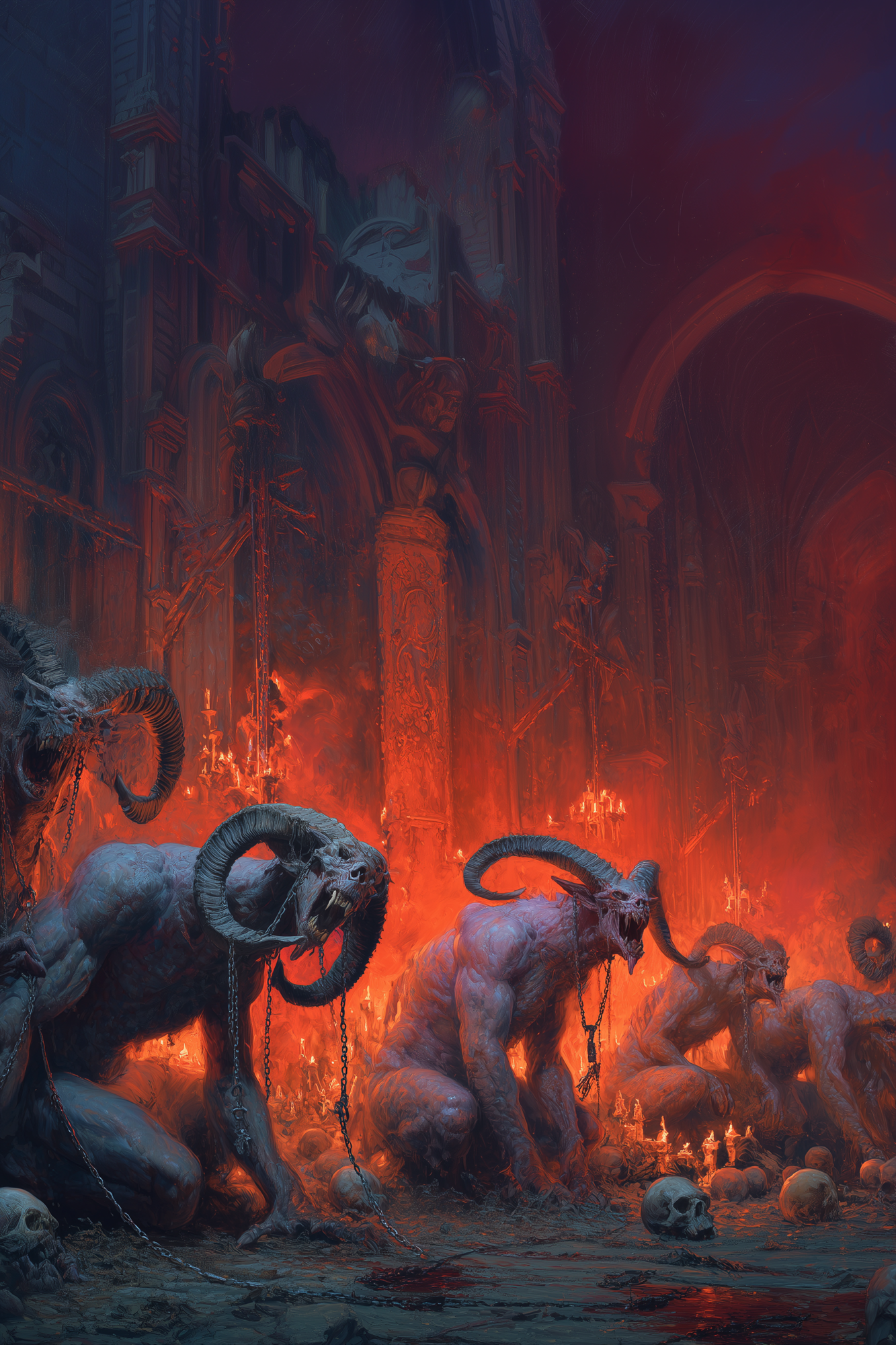 A horde of horned, pale creatures crawling through a burning hall, manifestations of the shattered mind of The Father in Chains.