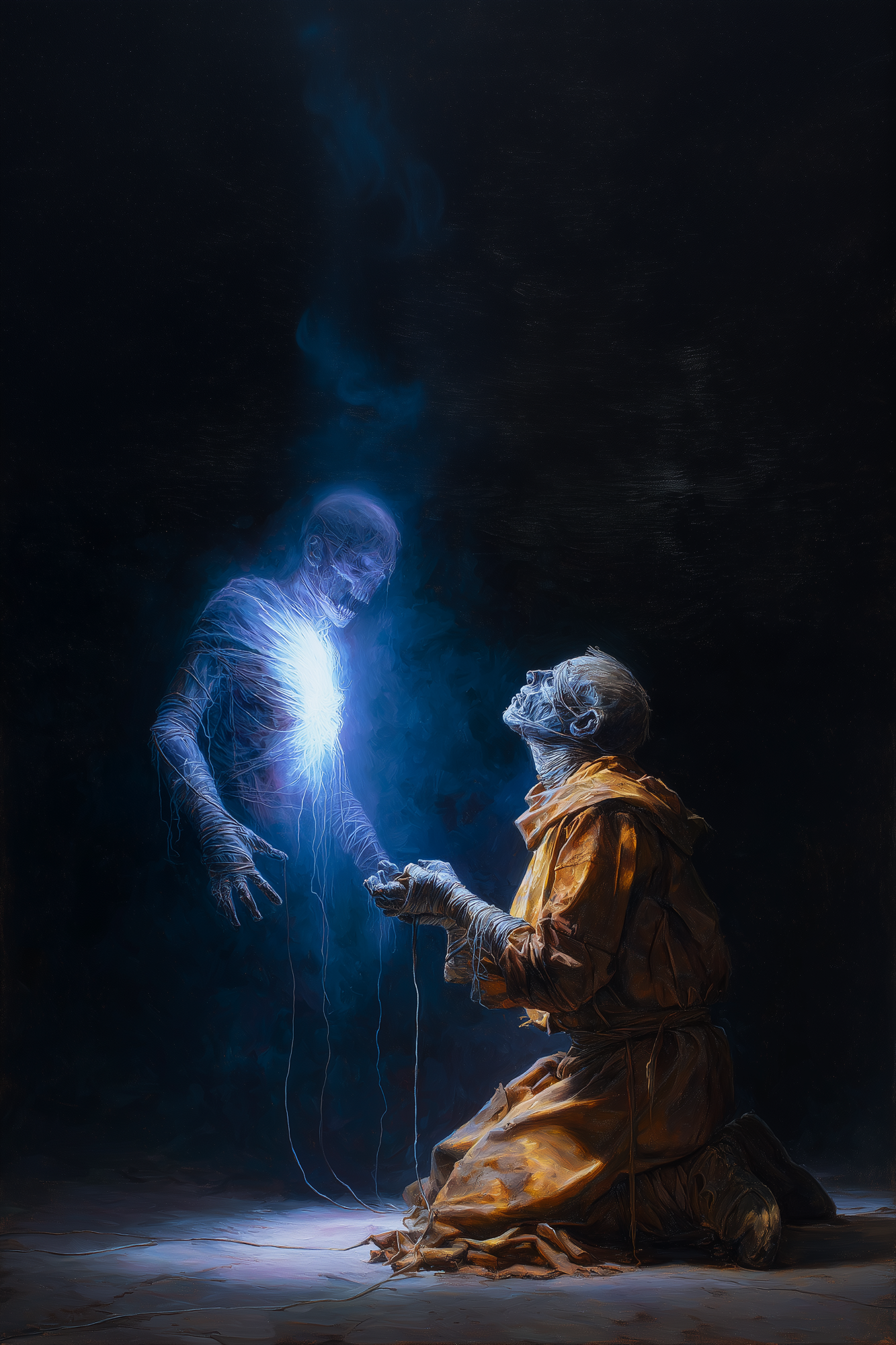 A kneeling Fume Born monk holds glowing threads of a departing soul as a spectral body radiates blue light in the dark.