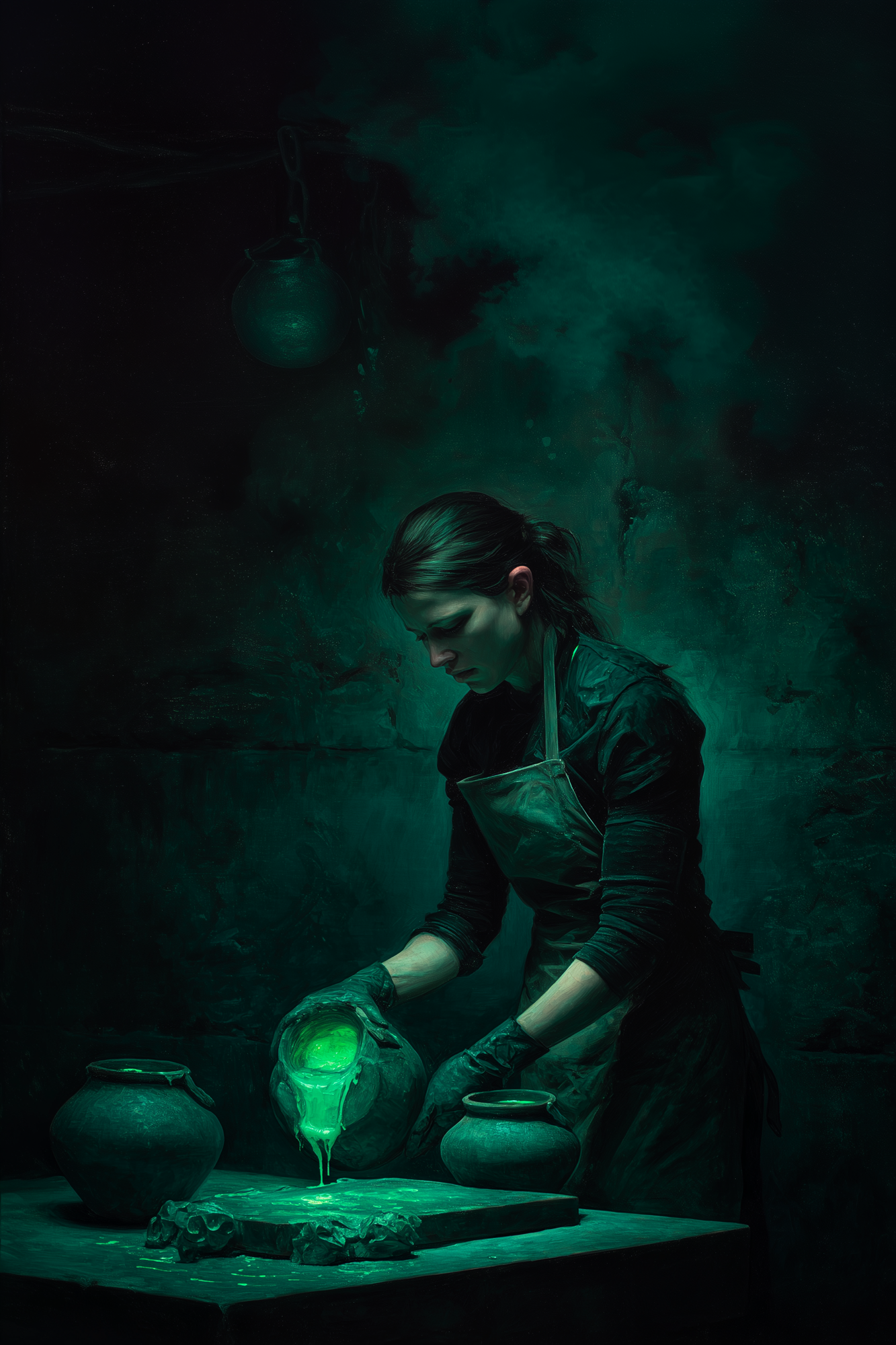 Eidola Serath performing alkymic calibration, pouring a luminous compound with controlled precision in a sealed workspace beneath the Saltbound city.