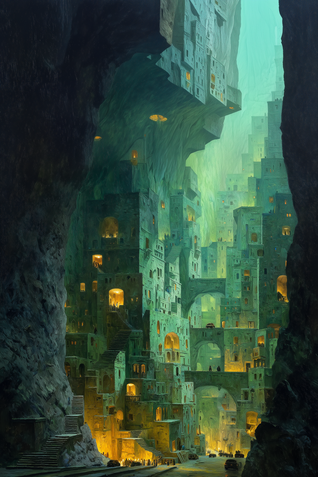 Kethar, a city carved into the interior of a mountain rising from the salt desert, its stacked dwellings and corridors lit by functional lamps rather than daylight.